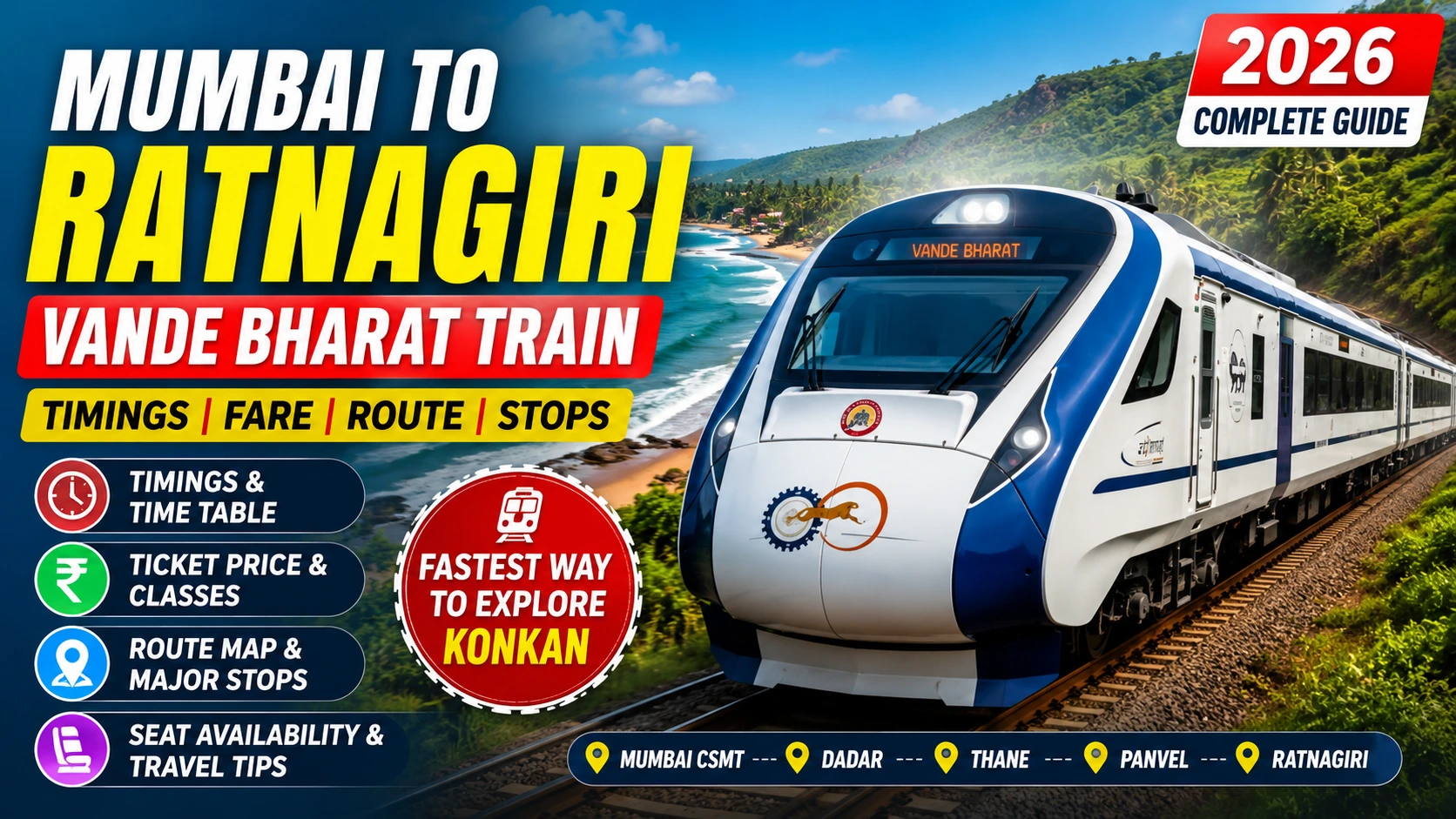 Mumbai to Ratnagiri Vande Bharat Train – Timings, Ticket Price, Route, Stops & Travel Guide (2026)